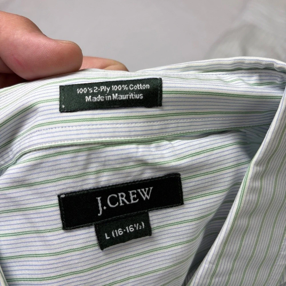 J Crew Mens Long Sleeve Button Up Shirt Blue Green Stripe Cotton Size L 16-16.5‎